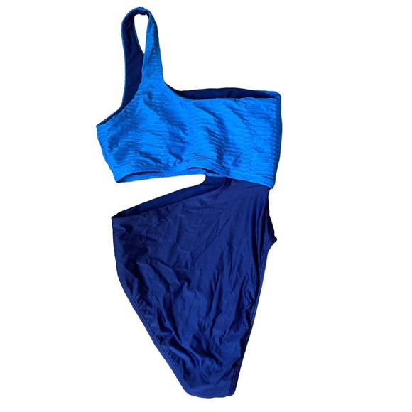 Splendid Women’s Sz XS One piece Bathing Suit Blue Colorblock One Shoulder NWOT - Picture 2 of 6